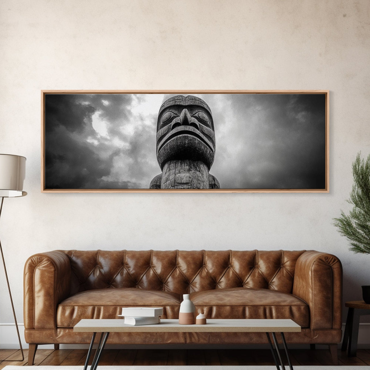 Tribal Totem Head, Cultural Wall Art, Primitive Sculpture Print, Monochrome Decor, Canvas Print, Office or Study Accent