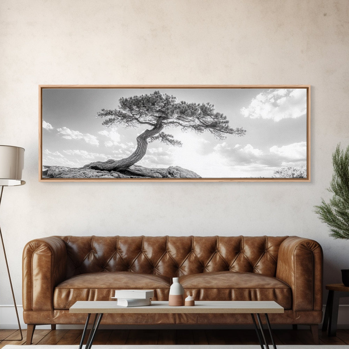 Lone Curved Tree, Zen Nature Print, Minimalist Landscape, Calming Decor, Framed Canvas Print, Bedroom Wall Statement