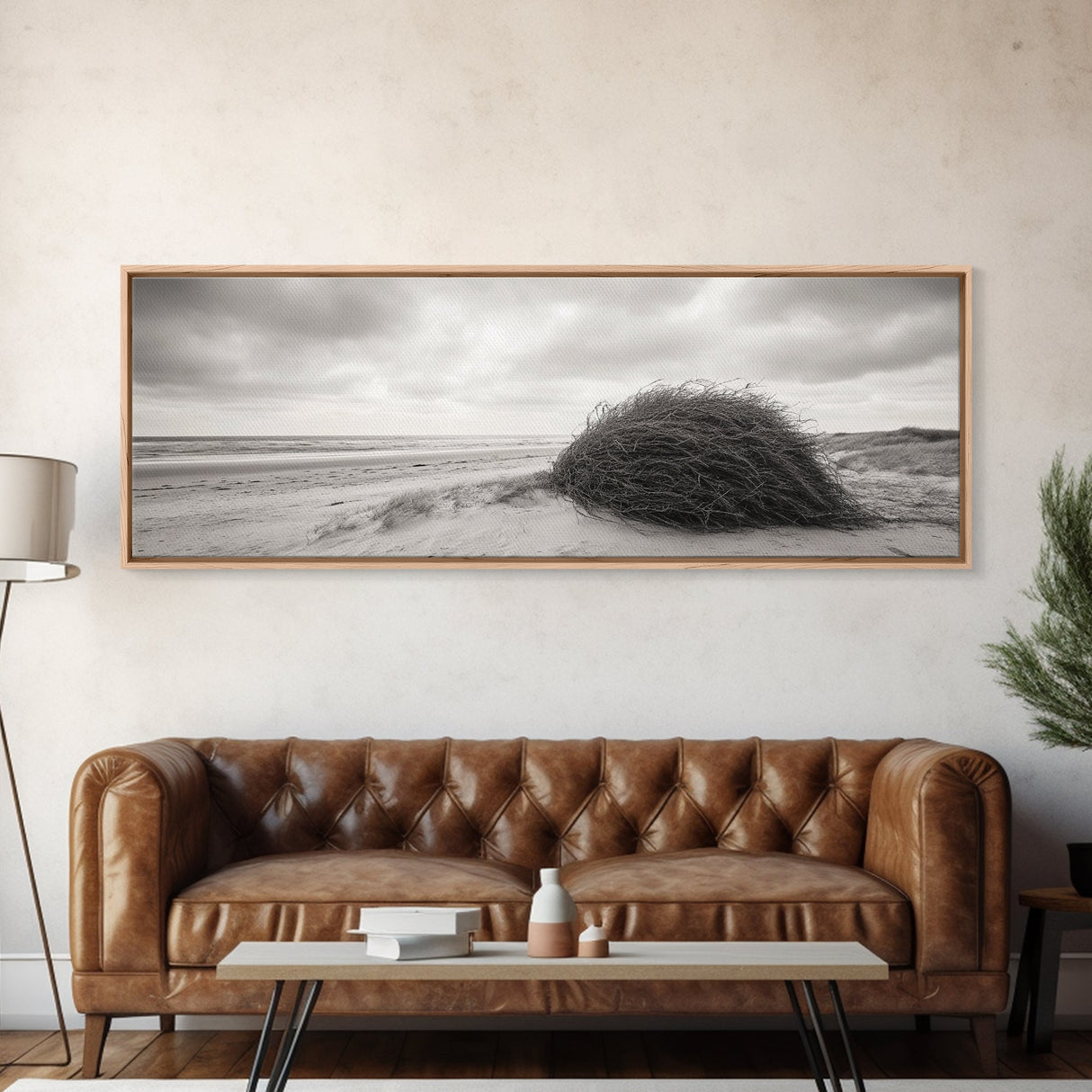 Windswept Dunes, Coastal Brush, Tumbleweed Form, Beach Nature, Framed Canvas Print, Fall Wall Art, Rustic Decor, Neutral Bedroom Style