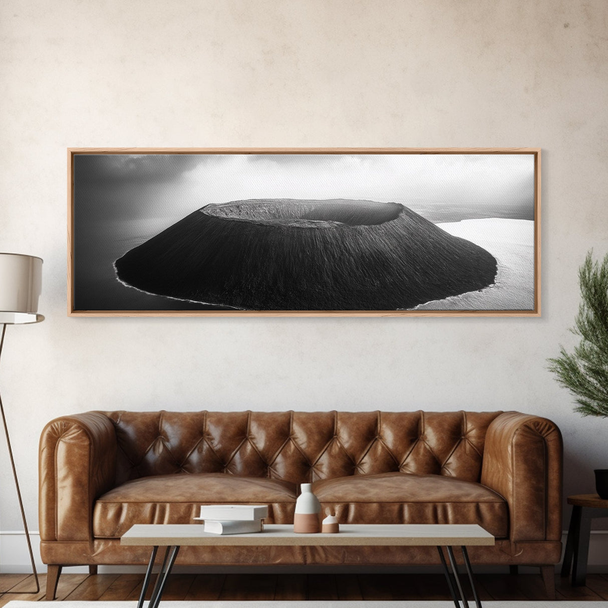 Island Volcano, Crater View, Aerial Landscape, Coastal Photography, Canvas Print, Nature Wall Decor, Bedroom Art, Monochrome Landscape