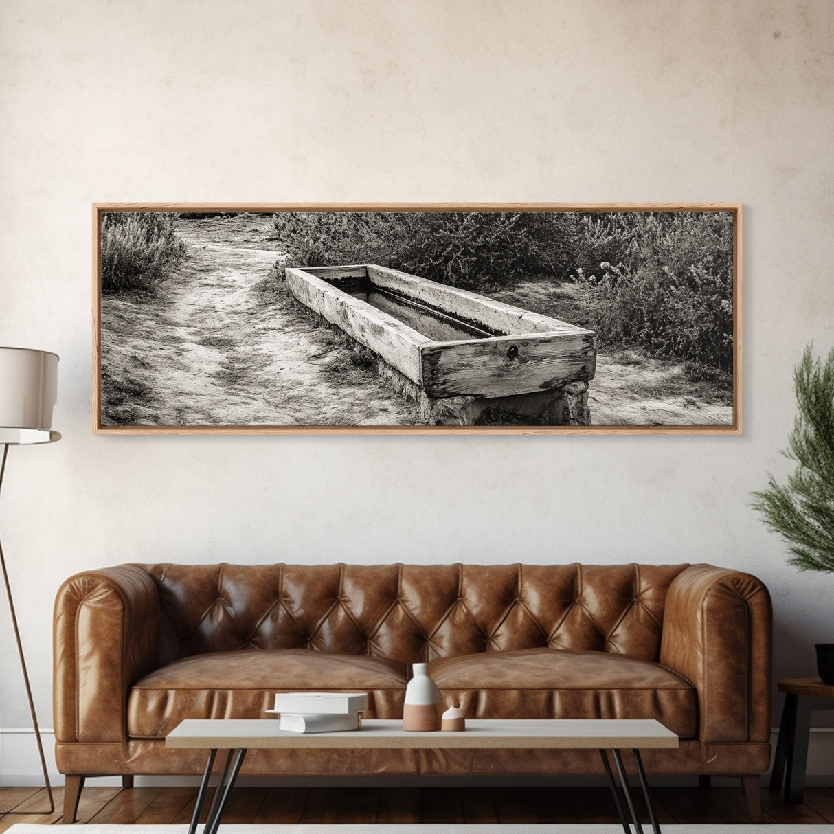 Rustic Water Trough, Nature Trail, Western Desert Scene, Framed Canvas Print, Country Farmhouse Decor, Minimalist Entryway Wall Art