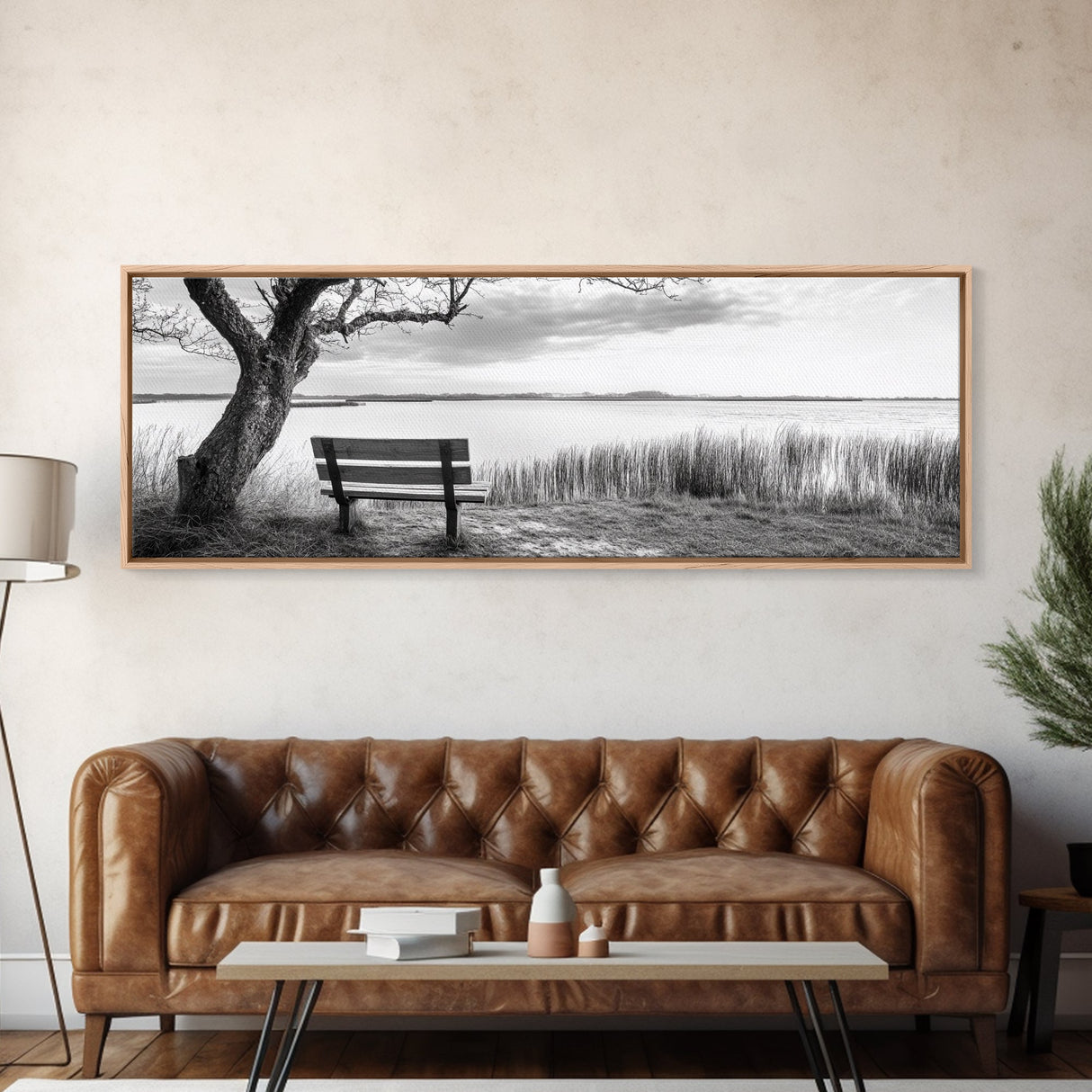 Quiet Lake Bench, Peaceful Reflection, Nature Photography, Framed Canvas Print, Serene Bedroom Decor, Minimalist Living Room Wall Art