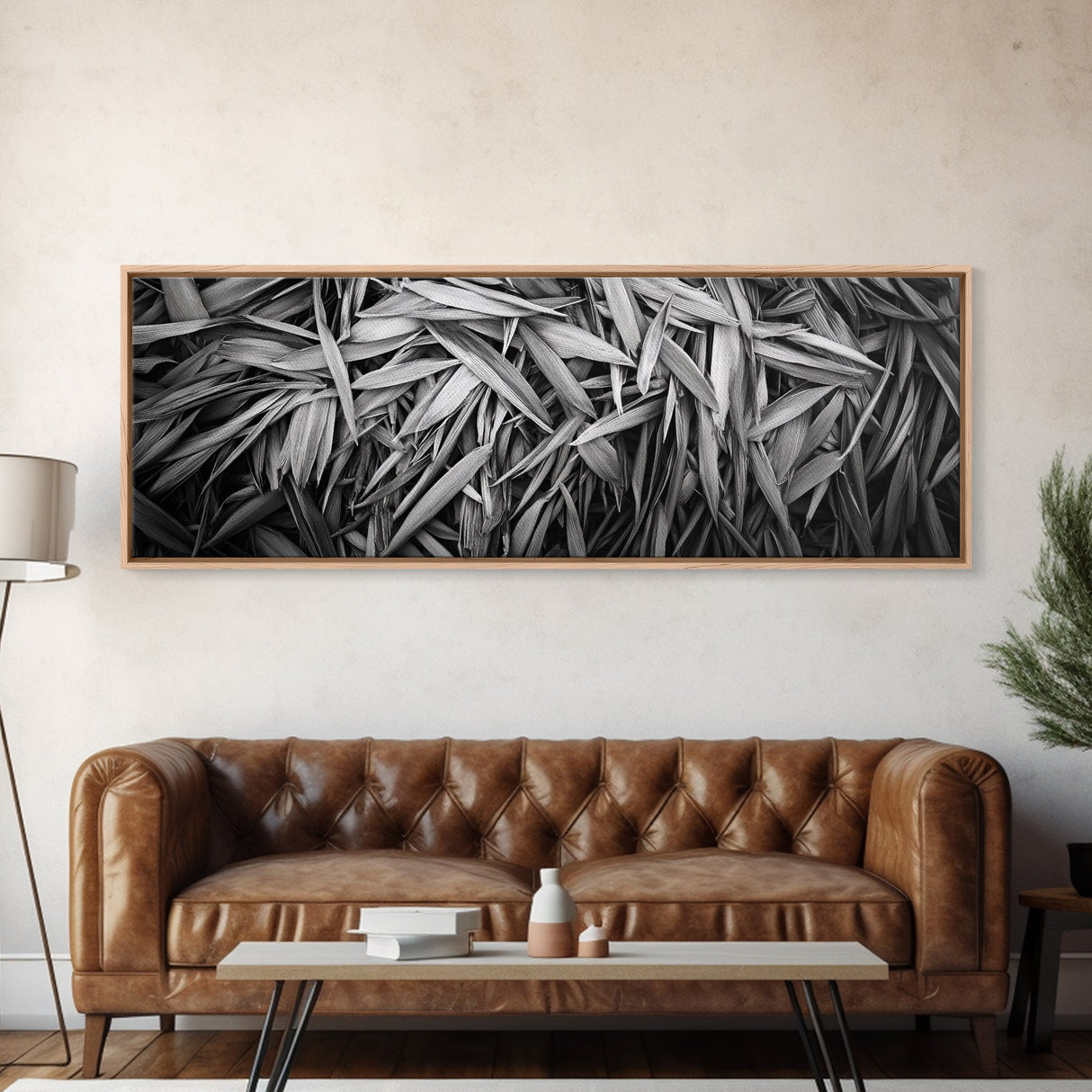 Textured Leaves, Monochrome Nature, Abstract Pattern, Botanical Wall Art, Framed Canvas Print, Modern Bedroom Art, Minimalist Decor