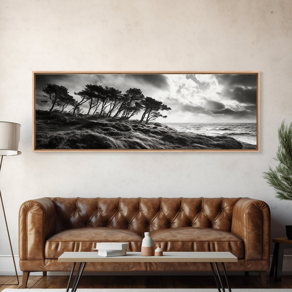Windswept Pines, Stormy Sea, Moody Coastal Scene, Framed Canvas Print, Rustic Nature Decor, Bedroom Wall Art, Autumn Vibes
