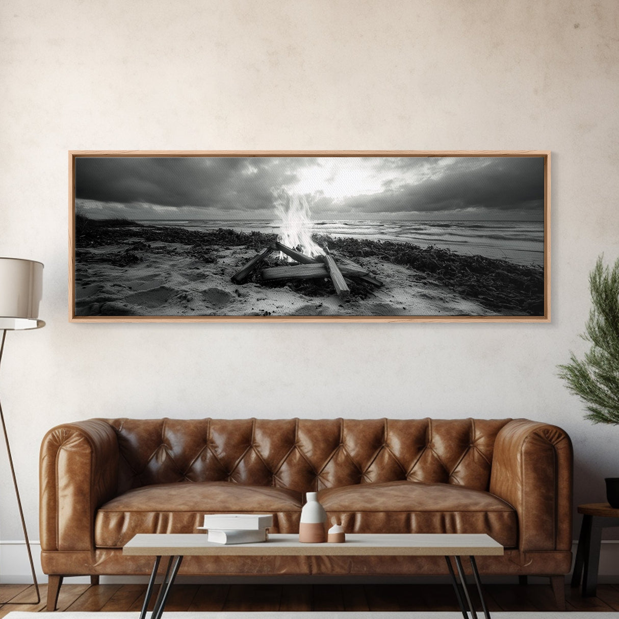 Driftwood Fire, Coastal Sky, Ocean Mood, Fall Campfire, Framed Canvas Print, rustic lake decor, bohemian fireplace art, nature wall accent