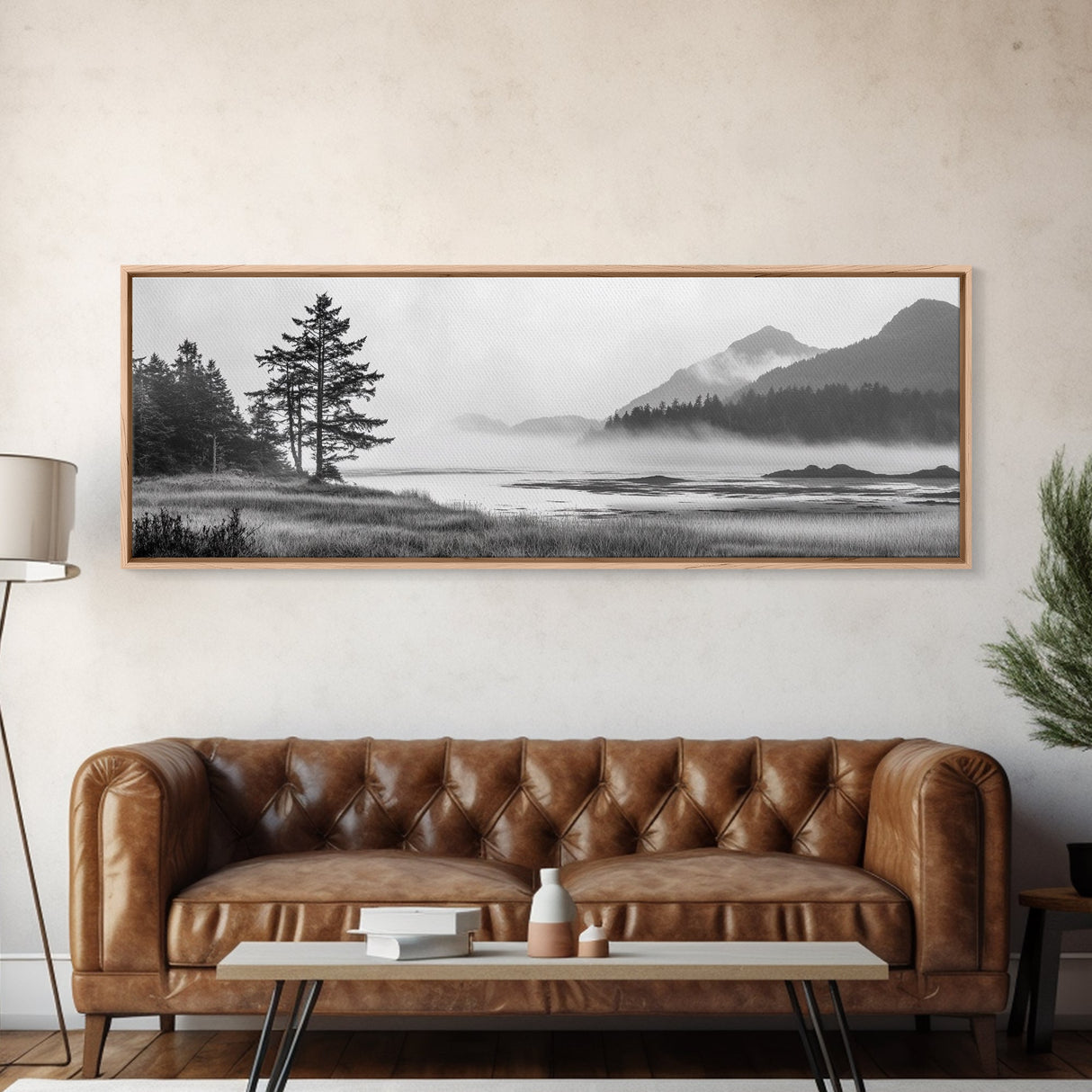 Foggy River Valley, Evergreen Mountains, Morning Mist Landscape, Framed Canvas Print, Tranquil Bedroom Art, Nature Inspired Decor