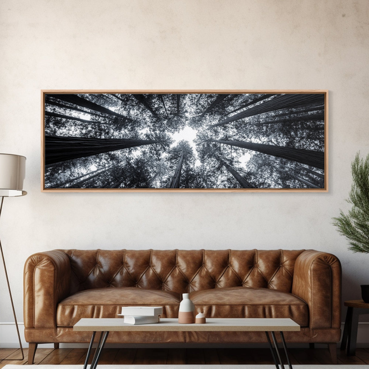 Redwood Trees, Forest Canopy, Looking Upward, Canvas Print, Black and White Nature Art, Meditation Room Decor, Minimalist Wall Art