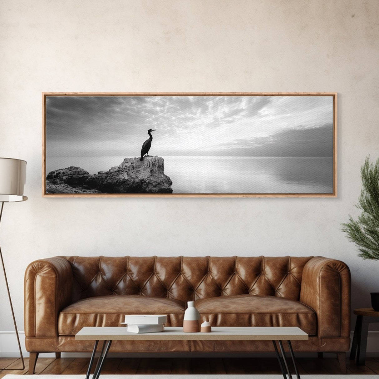 Solitary Bird, Ocean Rock, Minimalist Seascape, Canvas Print, Peaceful Wall Art, Zen Decor, Black and White Living Room Accent