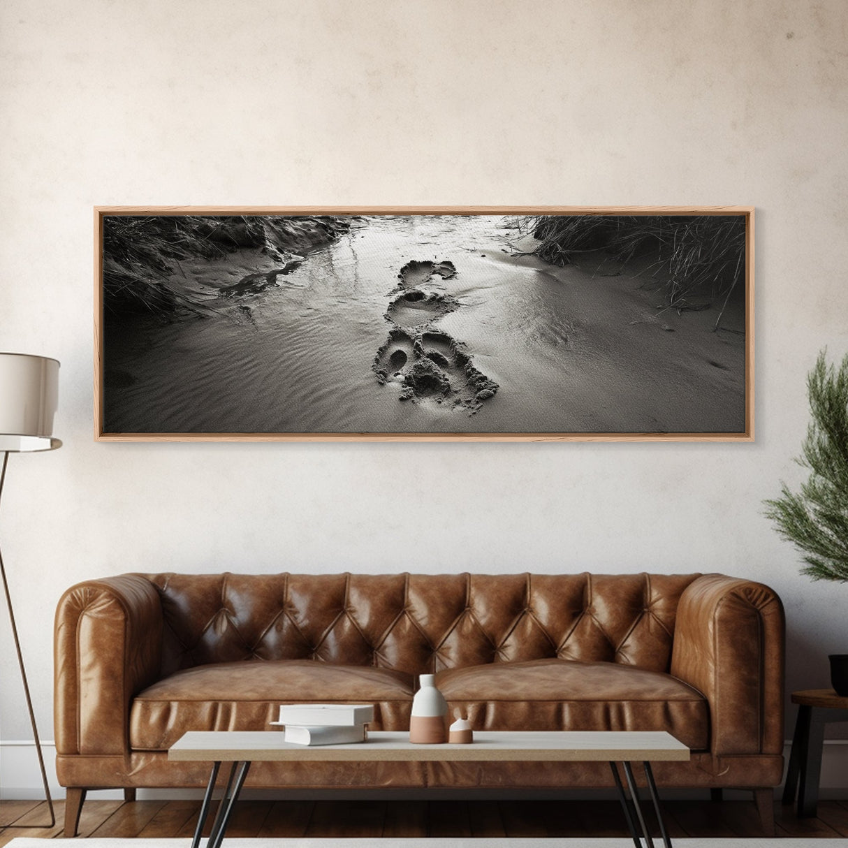 Footprints in Sand, Nature Pathway, Tranquil Stream, Framed Canvas Print, Mindful Journey Art, Rustic Entryway Wall Photography