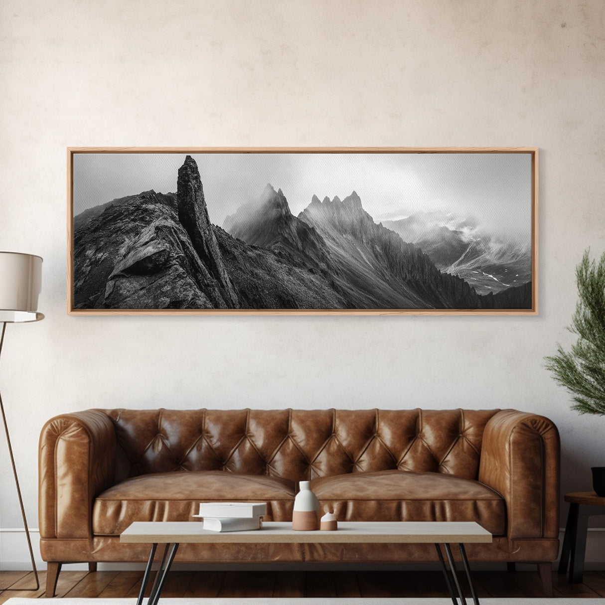 Jagged Peaks, Foggy Mountains, Dramatic Range, Canvas Print, Monochrome Wilderness Art, Office or Cabin Wall Decor, Adventure Style