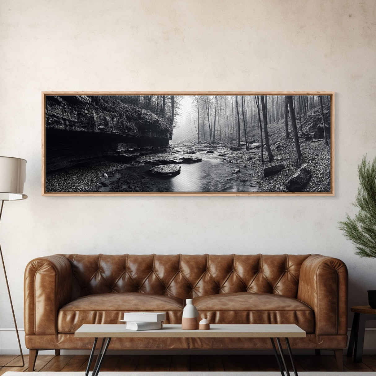 Misty River, Tranquil Forest, Autumn Nature, Monochrome Photography, Framed Canvas Print, Bedroom Wall Art, Rustic Decor, Minimalist Style