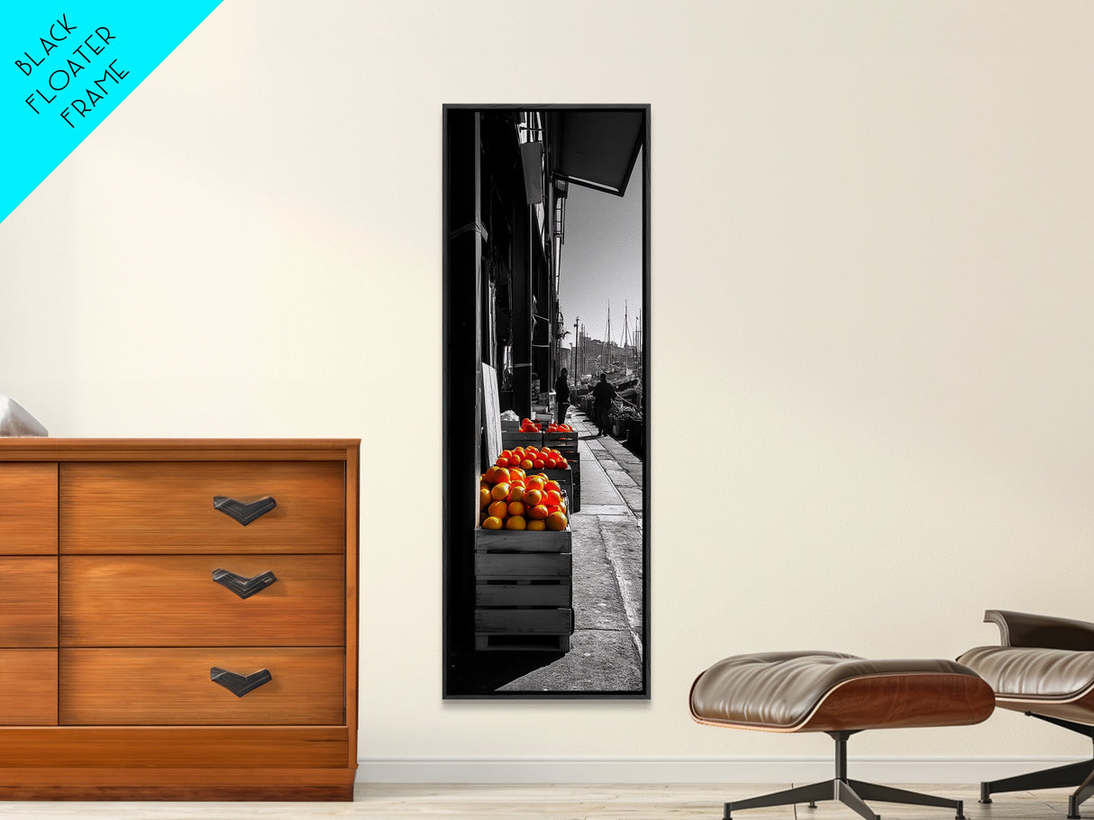 Orange Crates, Market Scene, Harbor View, Urban Life – Framed Canvas Print, Kitchen Wall Art, Rustic Market Decor, Fall City Aesthetic