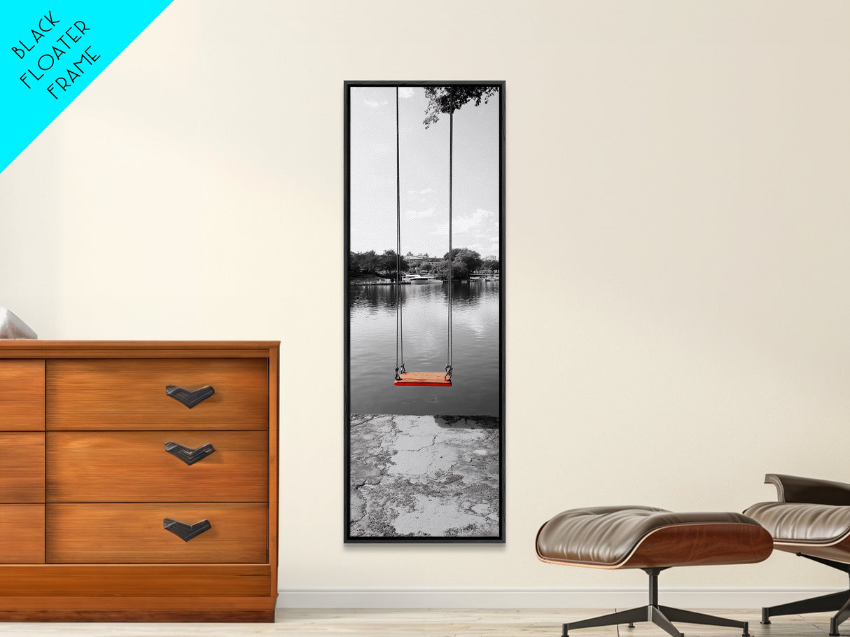Swing Over Lake, Still Waters, Childhood Memories, Tranquil View – Canvas Print, Minimalist Wall Art, Kids Room Decor, Serene Black and White