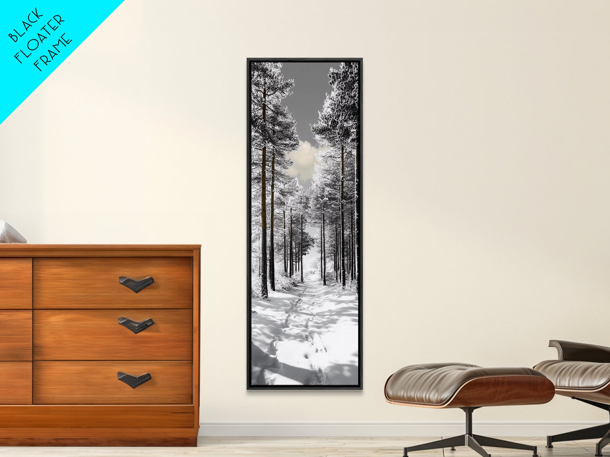 Snow Path, Winter Forest, Frosty Pines, Silent Trail, Framed Canvas Print, Christmas Wall Art, Cabin Decor, Nordic Winter Scene