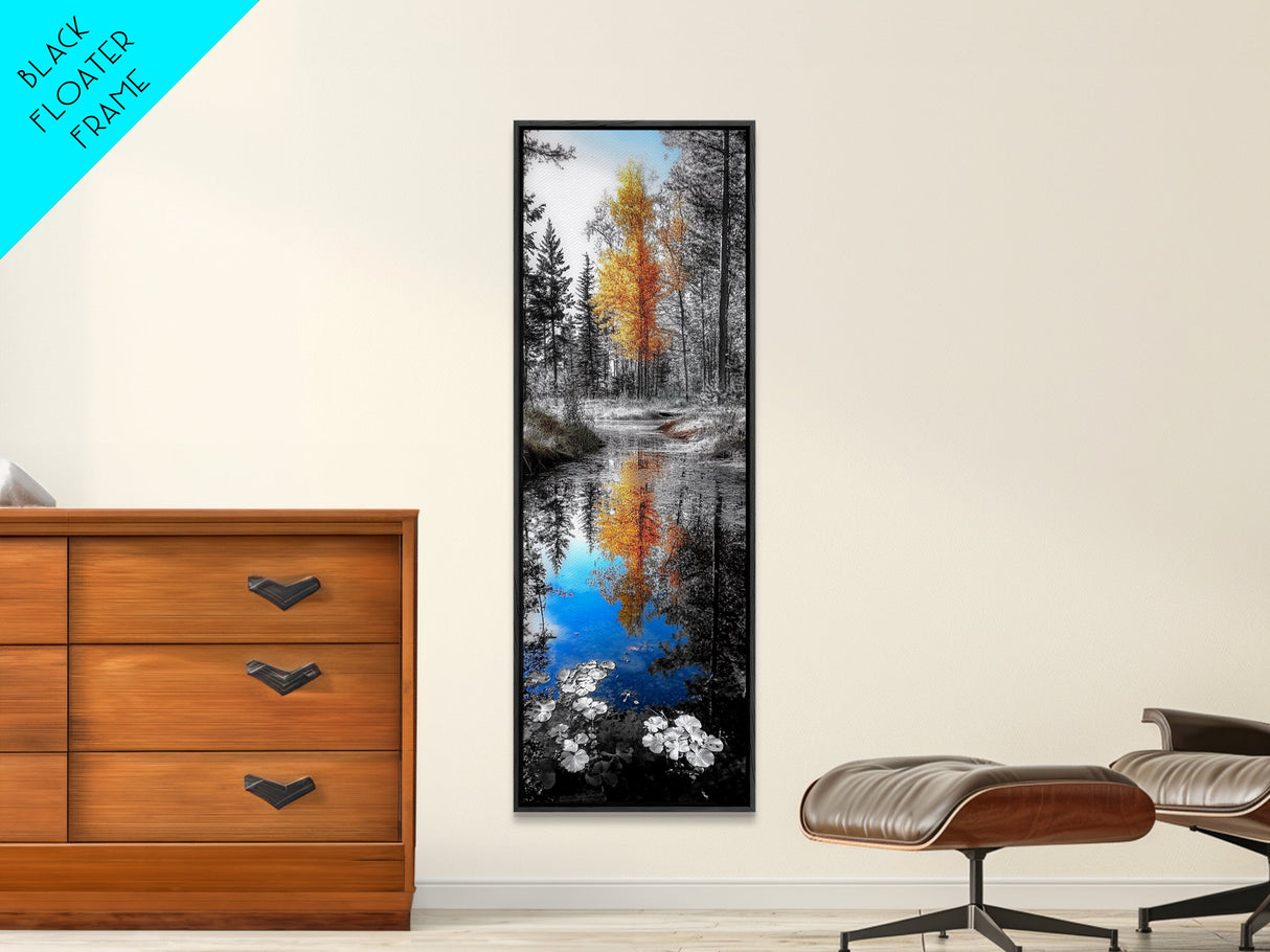 Golden Tree, Blue Reflection, Autumn Forest Mirror, Seasonal Beauty, Canvas Print, Fall Wall Art, Nature Decor, Living Room Accent