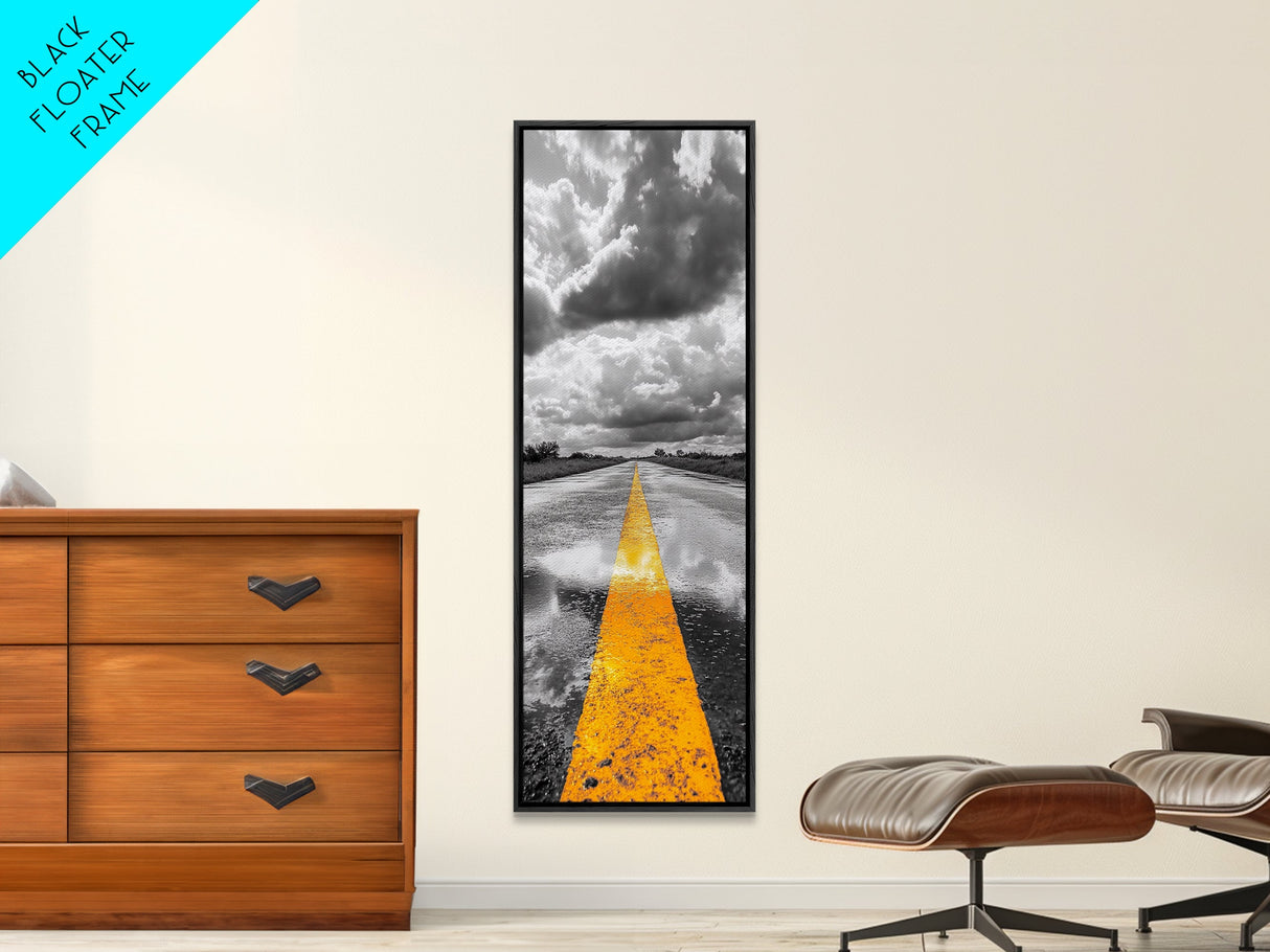 Yellow Road Line, Moody Highway, Stormy Skies, Monochrome Vibes, Framed Canvas Print, Modern Office Art, Minimalist Photography Decor