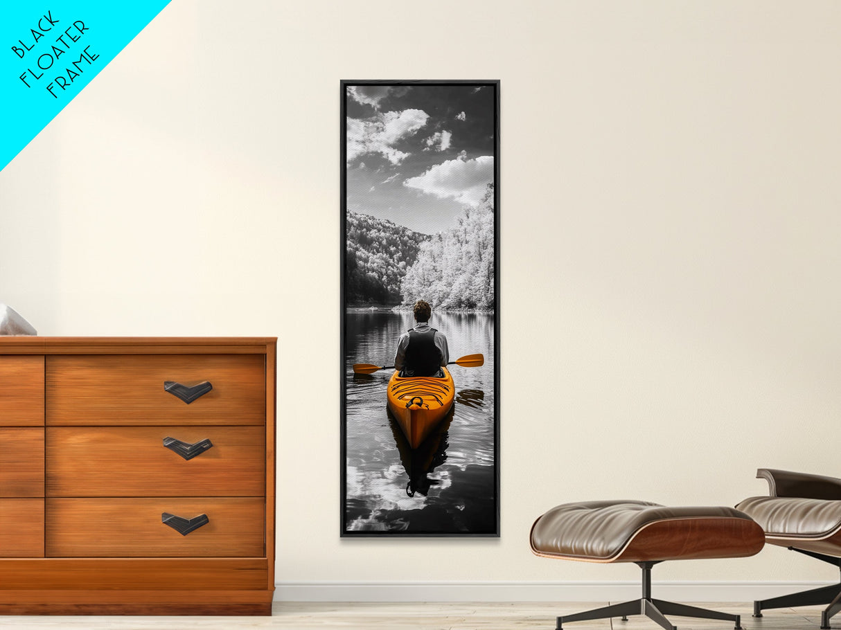 Kayak Lake View, Nature Escape, Autumn Waters, Calm Journey, Framed Canvas Print, Adventure Wall Art, Cabin Decor, Minimalist Landscape