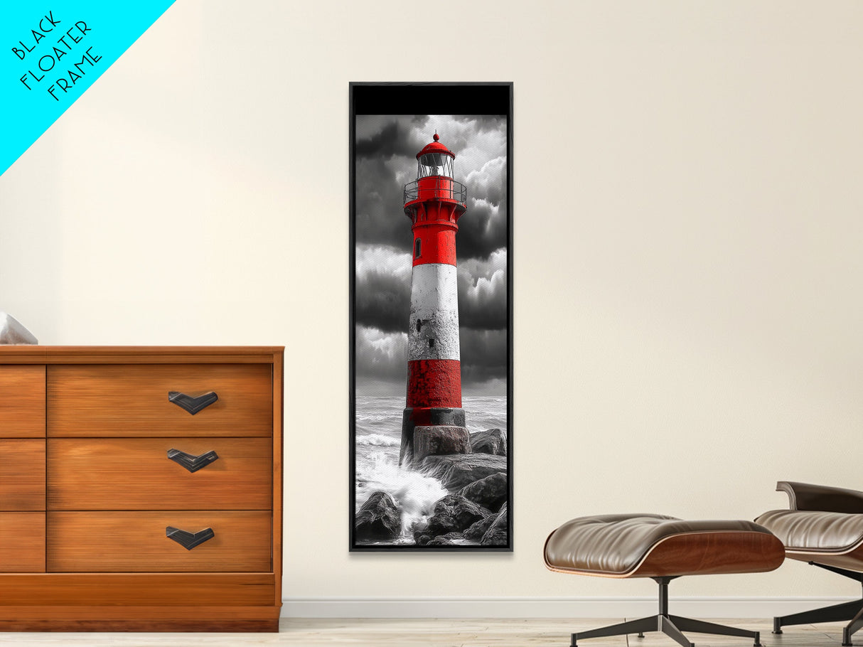 Red Lighthouse Storm, Coastal Beacon Art, Dramatic Seascape, Nautical Scene, Framed Canvas Print Living Room Wall Art, Moody Decor