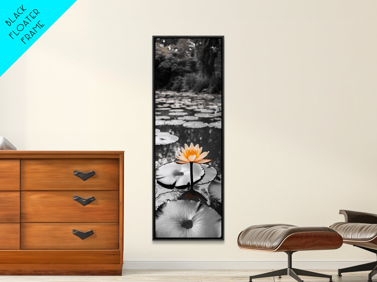 Orange Water Lily, Peaceful Pond Scene, Nature Reflection, Elegant Bloom, Framed Canvas Print Zen Bathroom Wall Art, Botanical Decor