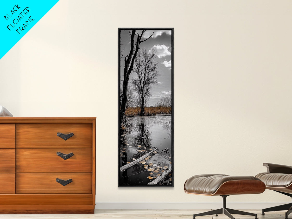 Swamp Trees, Moody Waters, Golden Lilies, Reflective Pond, Framed Canvas Print, Autumn Wall Art, Nature Decor, Living Room Landscape