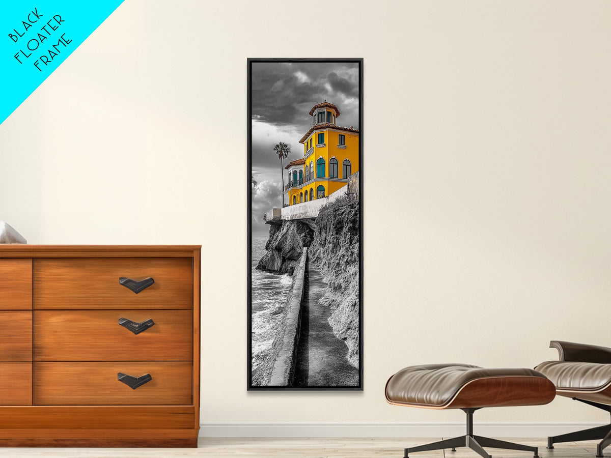 Yellow Villa, Coastal House, Mediterranean Escape, Bold Architecture, Canvas Print, Kitchen Wall Art, Modern Coastal Decor, Travel Photography