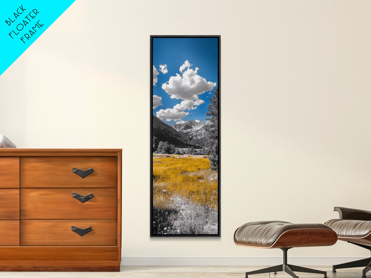 Golden Field, Mountain Range, Blue Sky, Framed Canvas Print, Autumn Landscape Art, Nature Lover Gift, Cabin Wall Art, Rustic Farmhouse Decor