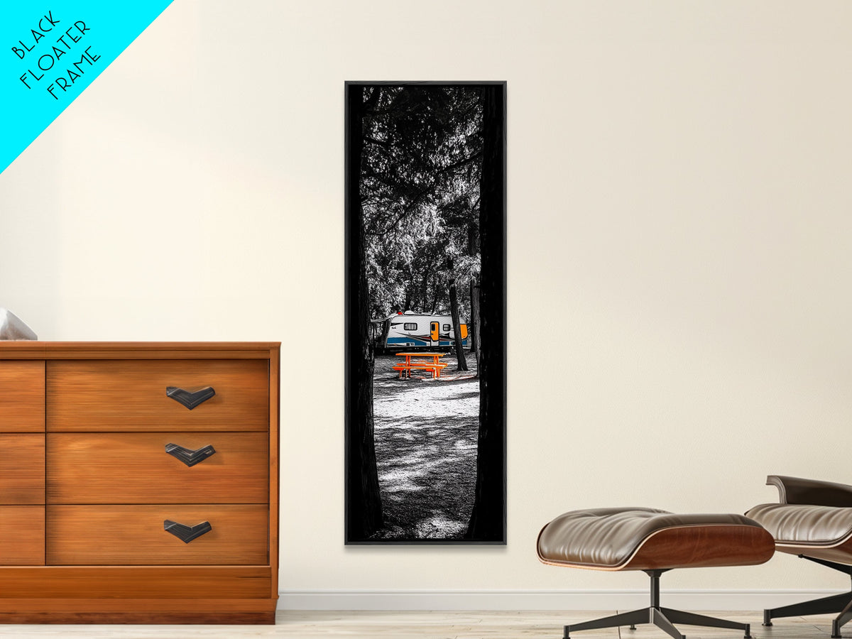 Camper Life, Autumn Picnic, RV Camping Scene, Framed Canvas Print, Rustic Travel Decor, Nature Wall Art, Adventure Home Style