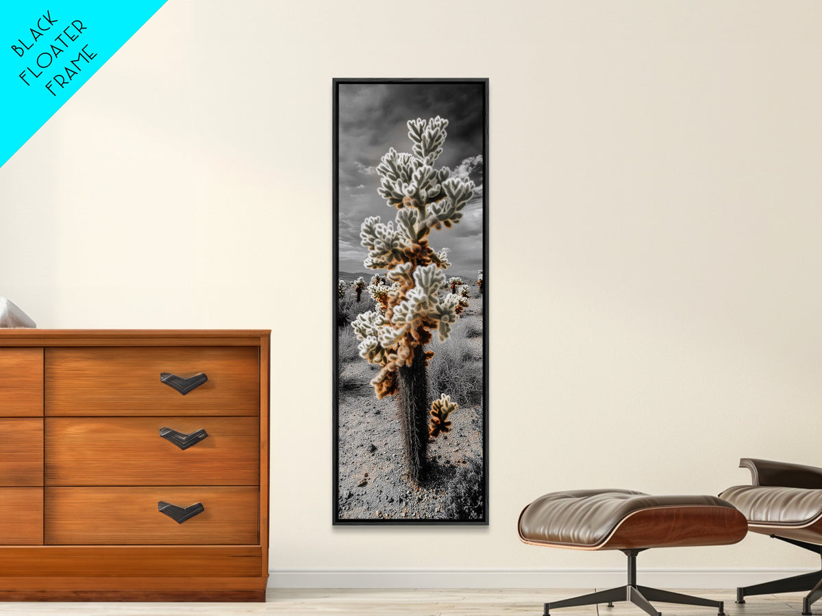 Cholla Cactus Desert, Southwestern Nature Scene, Spiky Plant Decor, Framed Canvas Print, Minimalist Boho Art, Sunroom or Entryway Style