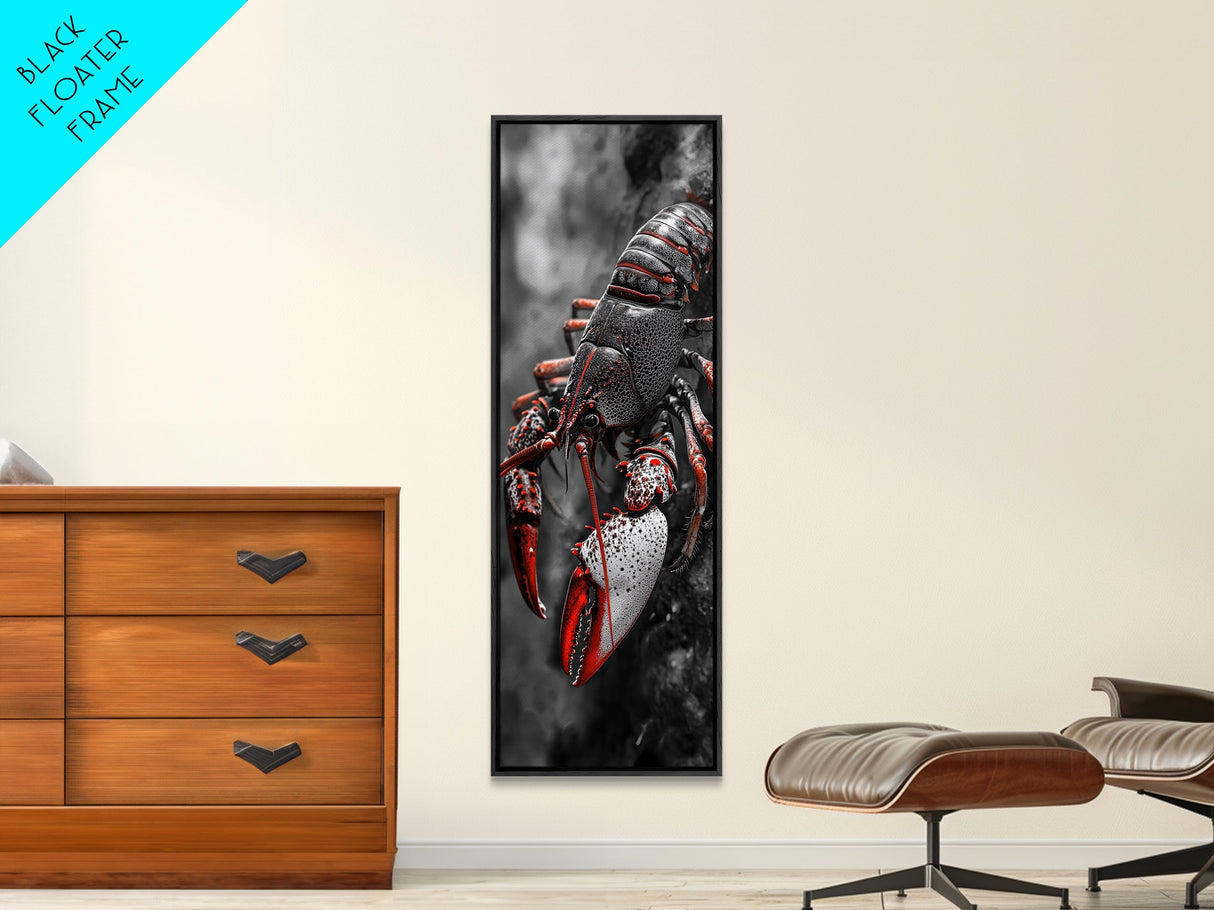 Red Lobster, Detailed Sea Art, Macro Crustacean, Dark Marine Art, Striking Coastal Piece, Framed Canvas Print, Moody Office Wall Decor