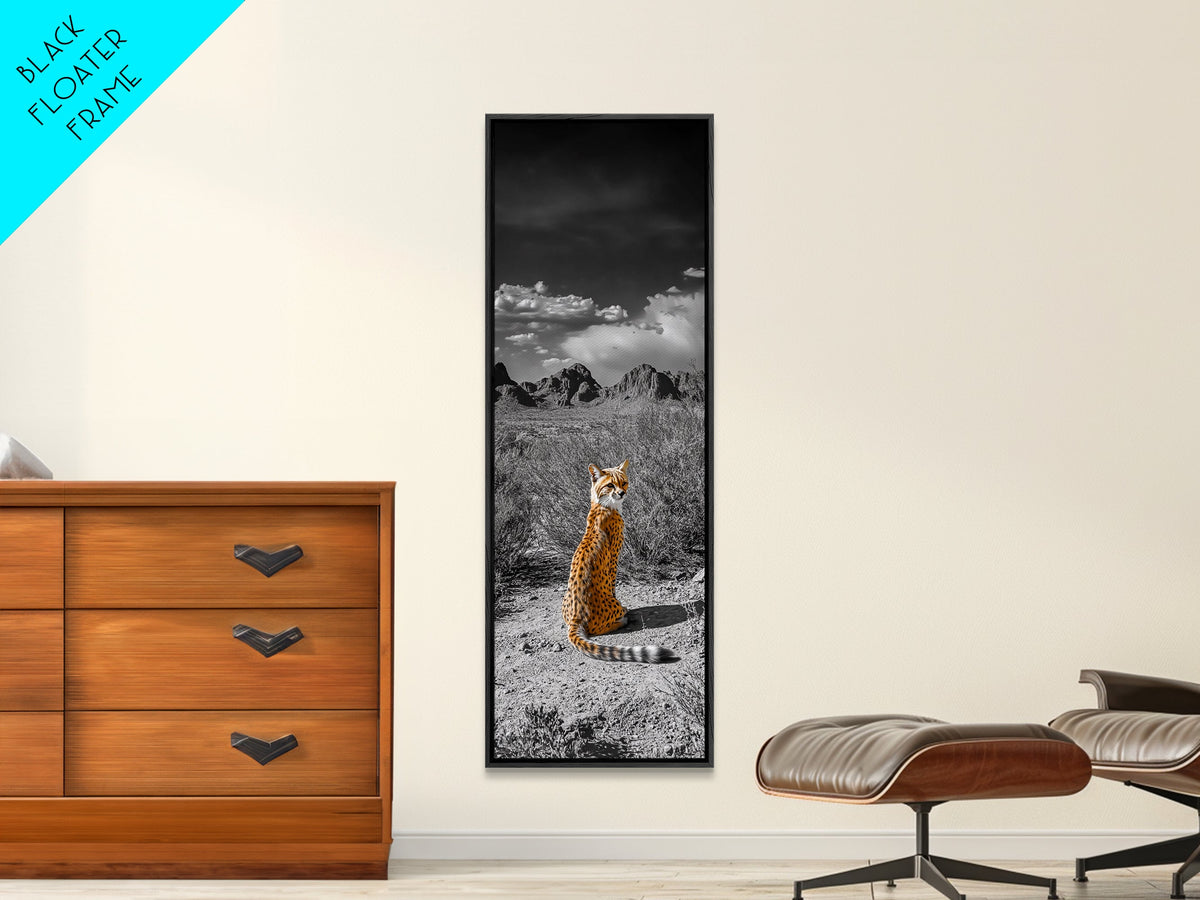 Wild Serval, Desert Cat, Savannah Wildlife, Majestic Predator, Framed Canvas Print, Safari Theme Living Room Wall Art, Modern Nature Decor