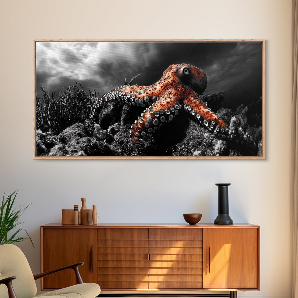 Octopus Ocean, Sea Creature Art, Deep Sea Wall Art, Marine Decor, Framed Canvas Print, Bathroom Wall Art, Moody Nautical, Coastal Vibes