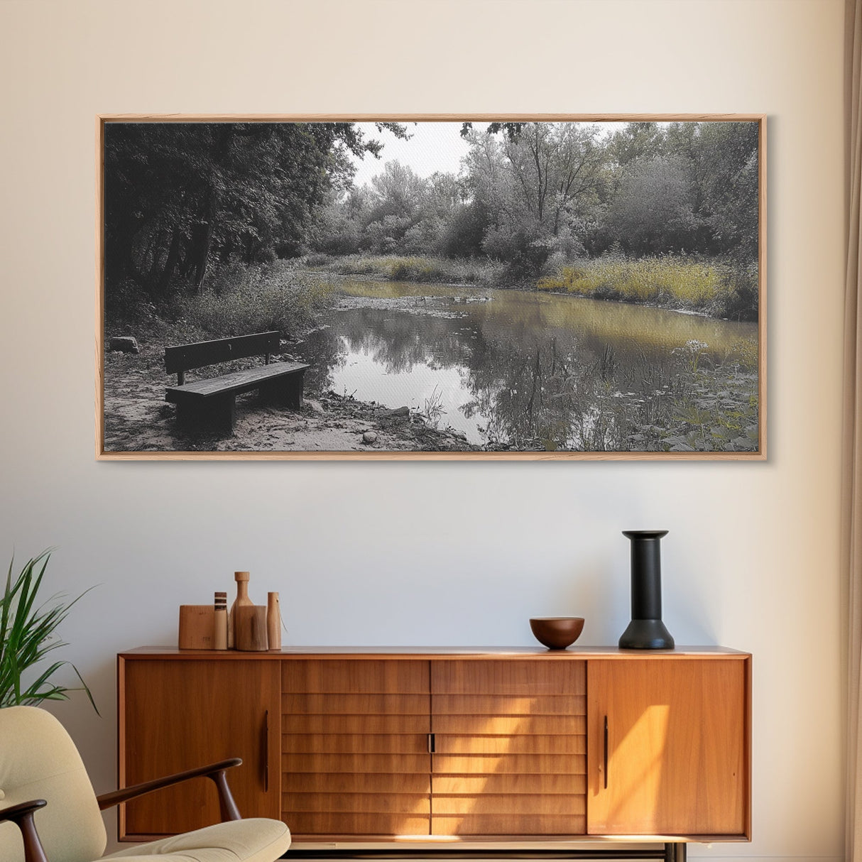 Tranquil Forest, Peaceful Pond, Autumn Riverbank, Framed Canvas Print, Nature Photography, Entryway Art, Fall Vibes, Rustic Wall Decor