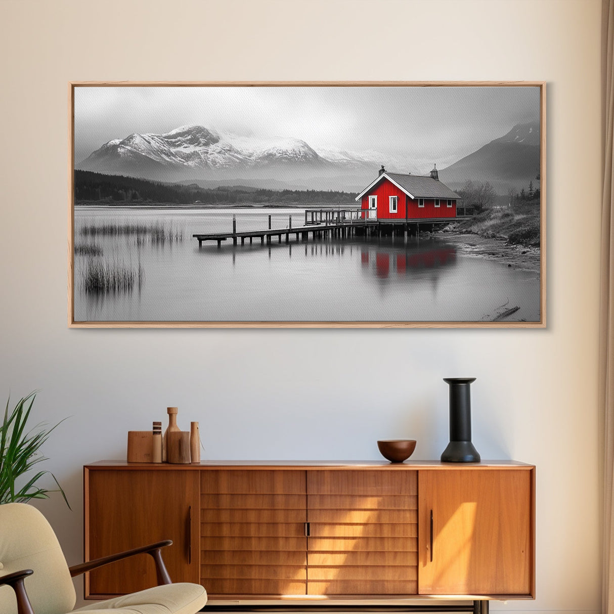 Red Cabin, Lake House, Mountain Reflection, Framed Canvas Print, Nordic Art, Winter Landscape, Bedroom Wall Art, Modern Minimalist Decor