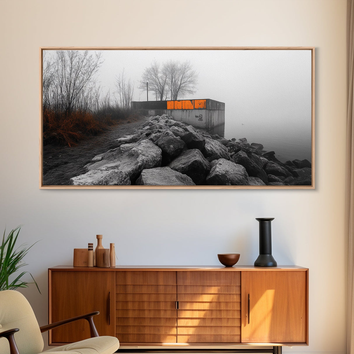 Fog Wall, Concrete Graffiti, Misty Lake Path, Framed Canvas Print, Urban Nature Blend, Moody Art, Hallway Decor, Modern Grayscale Style