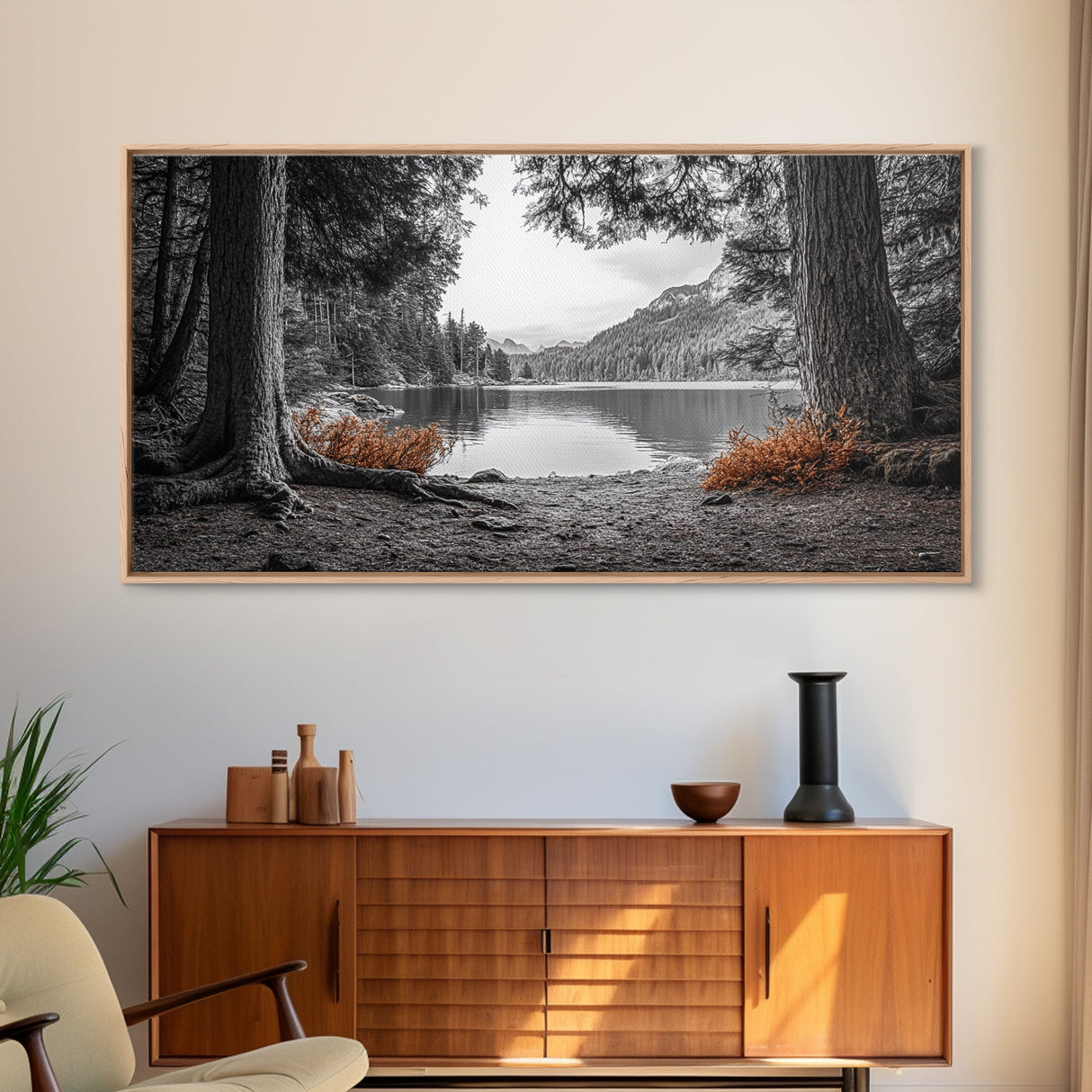 Forest Lake, Autumn Leaves, Nature Path, Woodland Style, Framed Canvas Print, Rustic Wall Art, Entryway Art, Cabin Wall Decor