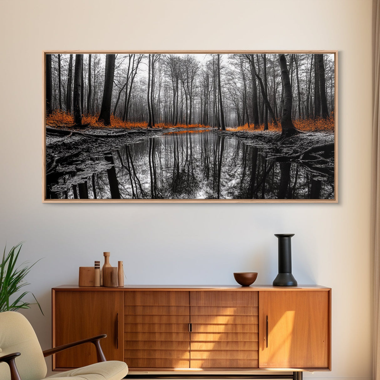 Reflected Forest, Orange Leaves, Tranquil River, Monochrome Fall, Canvas Print, Rustic Decor, Bedroom Wall Art, Woodland Scene