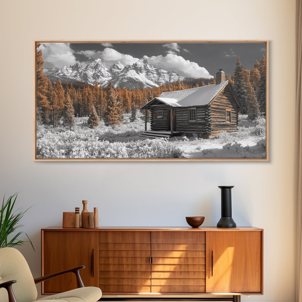 Snowy Cabin, Winter Landscape, Mountain Lodge, Rustic Retreat, Framed Canvas Print, Cozy Wall Art, Cabin Living, Holiday Decor