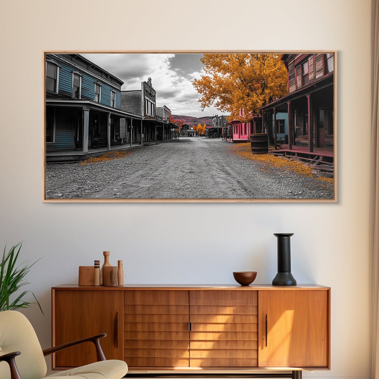 Wild West Town, Autumn Trees, Empty Street, Color Pop, Framed Canvas Print, Rustic Wall Decor, Hallway Art, Americana Style