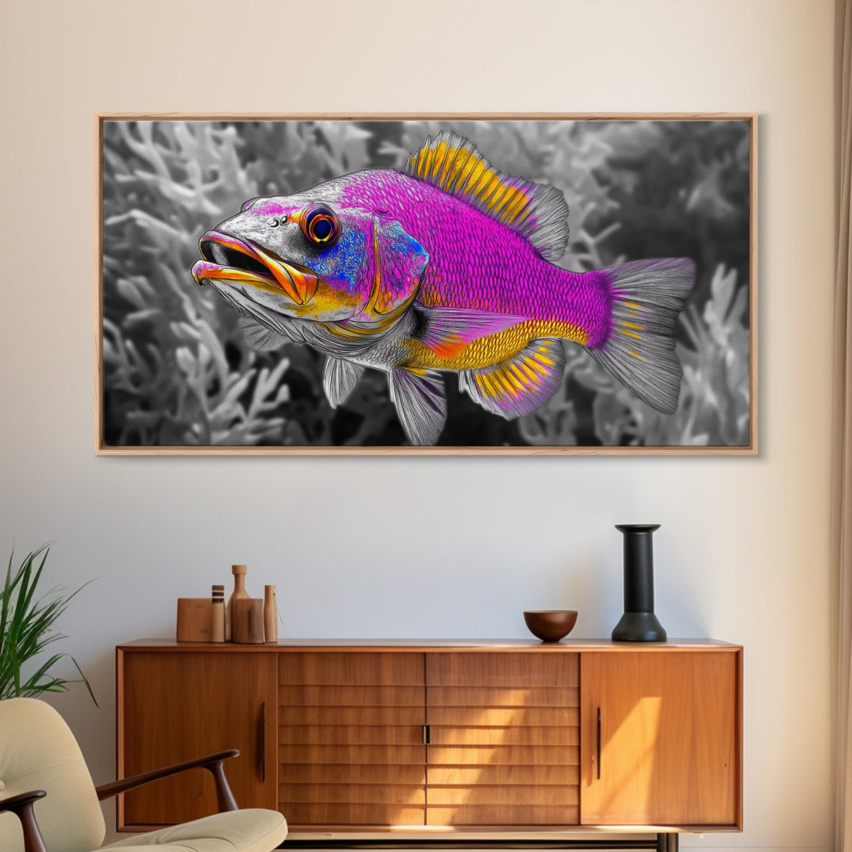 Neon Fish, Vibrant Sea Life, Underwater Wall Art, Ocean Fantasy, Framed Canvas Print, Kids Room Decor, Tropical Pop Art, Bold Colors