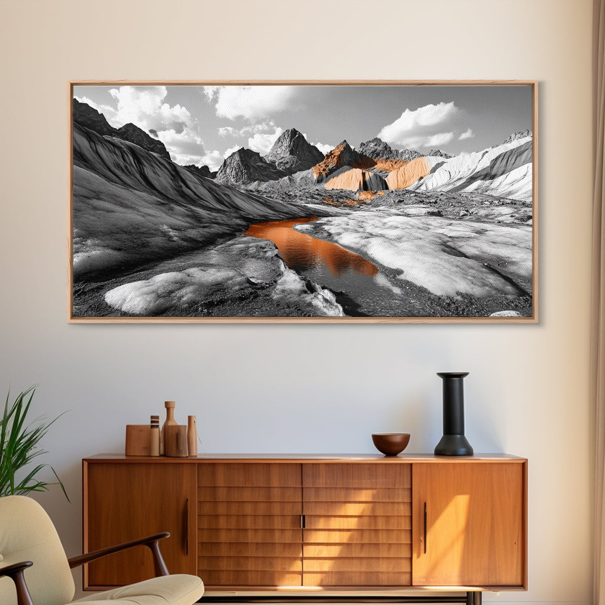Glacial Canyon, Orange Reflection, Monochrome Mountain, Fall Landscape, Framed Canvas Print, Rustic Wall Decor, Adventure Photography