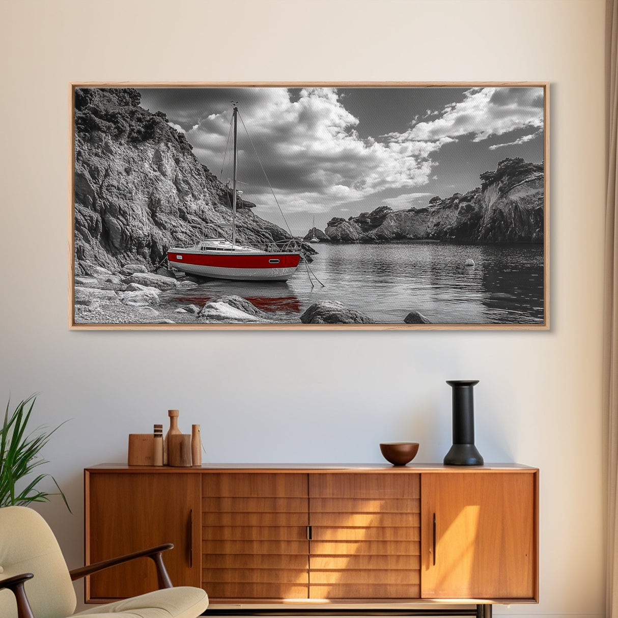 Red Sailboat, Rocky Cove, Tranquil Water, Coastal Escape, Canvas Print, Nautical Wall Art, Minimalist Seaside Style, Black White Art