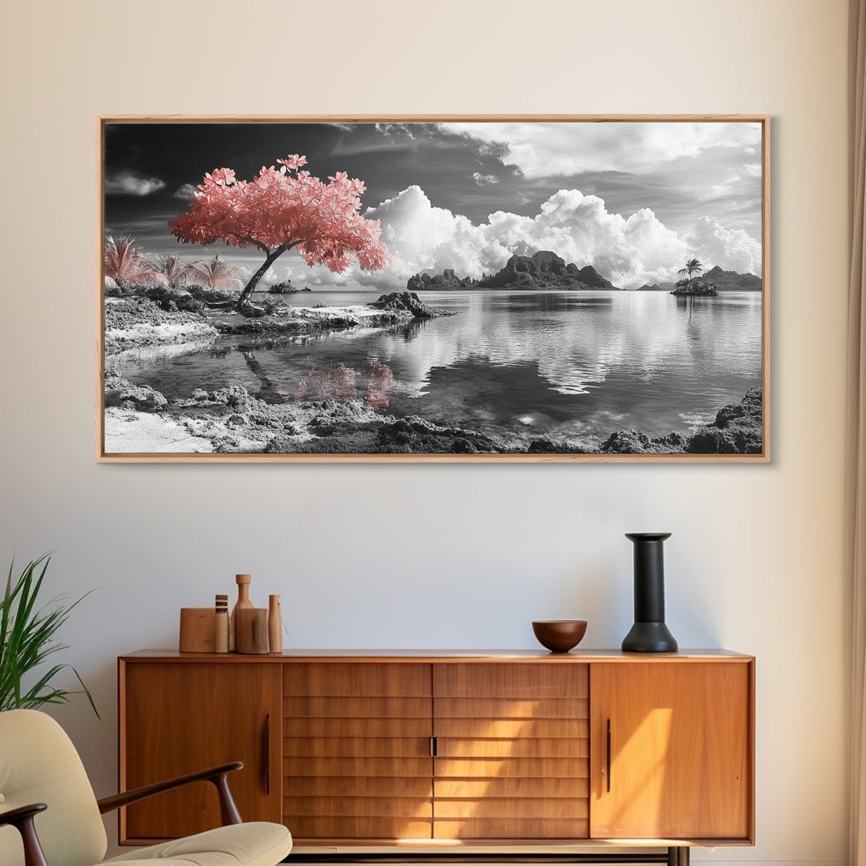 Pink Tree, Island Dreams, Serene Water, Tropical Sky, Framed Canvas Print, Boho Wall Art, Bedroom Decor, Black and White Landscape