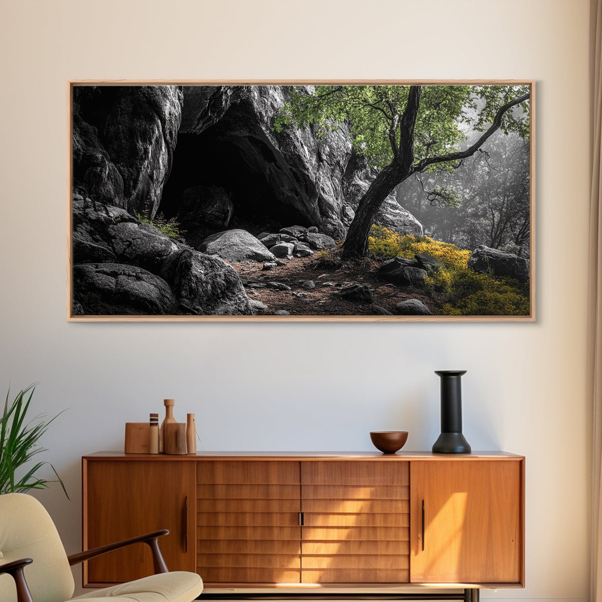 Forest Cave, Green Tree, Yellow Wildflowers, Peaceful Nature, Framed Canvas Print, Rustic Wall Decor, Cabin Living Room Art, Landscape