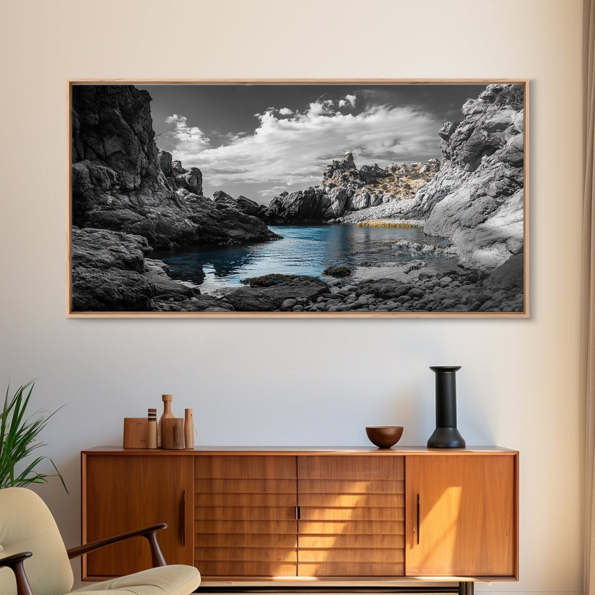 Hidden Cove, Blue Waters, Rugged Coast, Rocky Escape, Canvas Print, Nature Wall Art, Minimalist Seascape, Monochrome Landscape