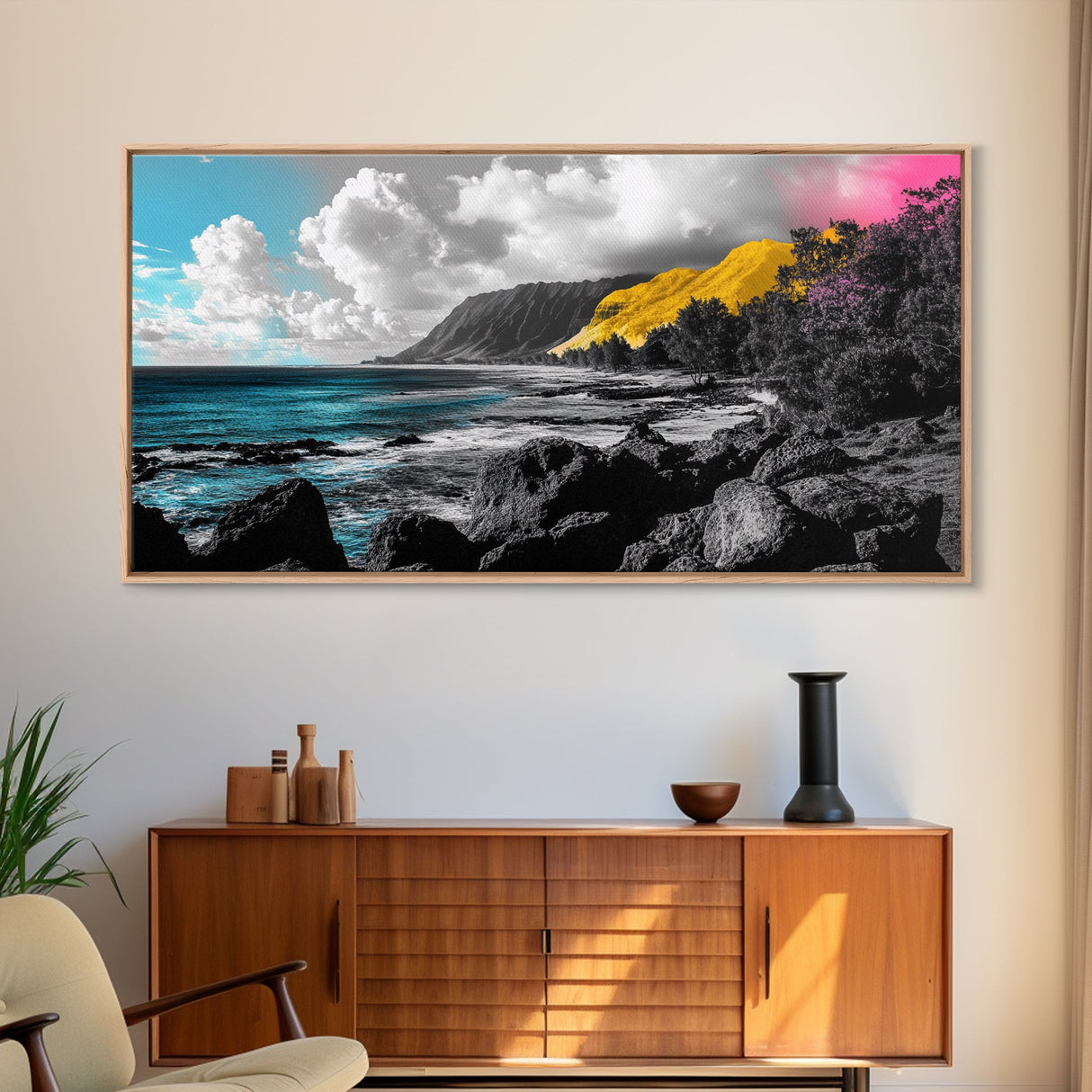 Vibrant Coastline, Yellow Cliff, Blue Ocean, Tropical Escape – Framed Canvas Print, Beach Wall Art, Boho Decor, Hawaii Inspired Room Vibe