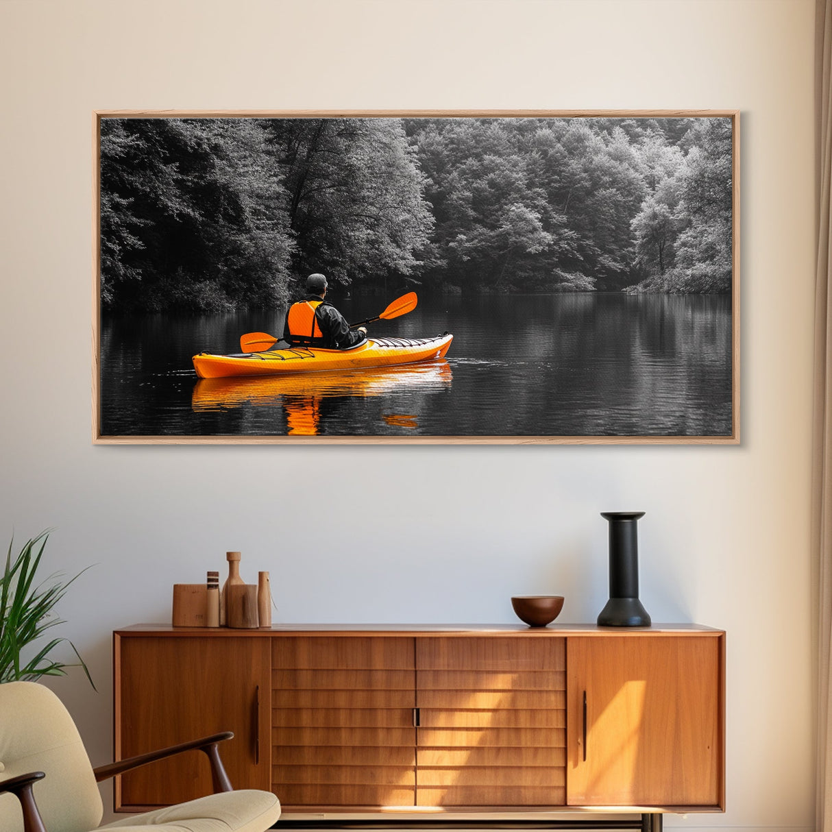 Kayaker Journey, Autumn Paddle, Wilderness Escape, Forest Calm – Canvas Print, Adventure Wall Art, Man Cave Decor, Nature Exploration Scene