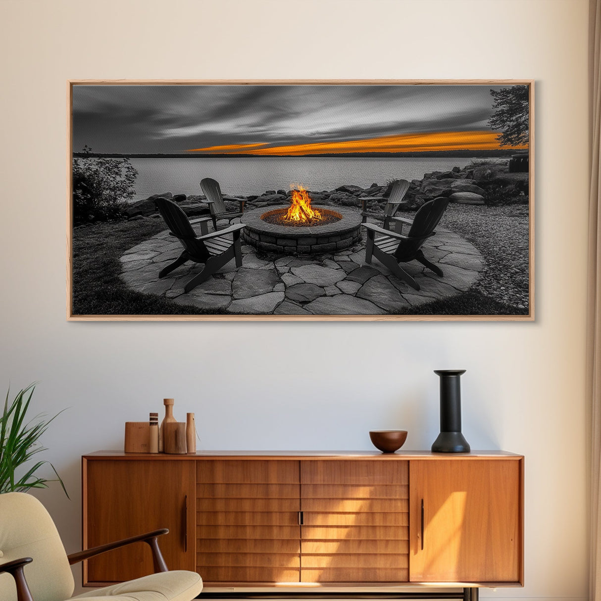 Fire Pit, Sunset Glow, Adirondack Chairs, Lake View, Framed Canvas Print, Fall Wall Art, Rustic Decor, Cozy Living Room Wall Accent