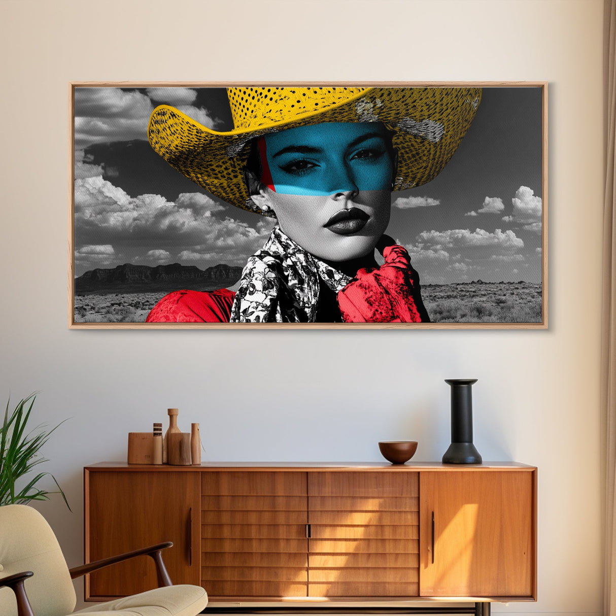 Western Woman, Yellow Hat, Desert Portrait, Fashion Pop Art, Framed Canvas Print, Bold Bedroom Wall Art, Glam Western Wall Decor