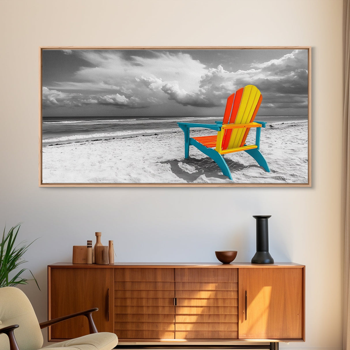 Chair Seaside, Colorful View, Coastal Relaxation, Minimalist Beach, Framed Canvas Print, Sunroom Wall Art, Summer Beach Escape