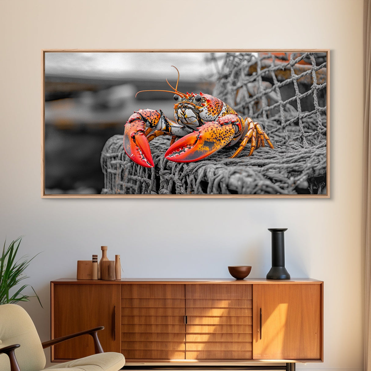 Bold Lobster, Nautical Art, Coastal Living, Red Claw, Framed Canvas Print, Beach House Wall Art, Kitchen Decor, Color Splash Style